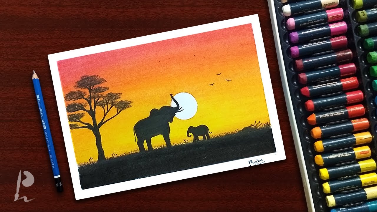 African Sunset Scenery Drawing with Oil Pastels | PrabuDbz Art