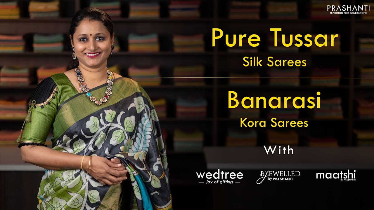 Pure Tussar Silks, Banarasi Kora Sarees, Readymade Salwar Suits, Kundan Necklace by B'jewelled