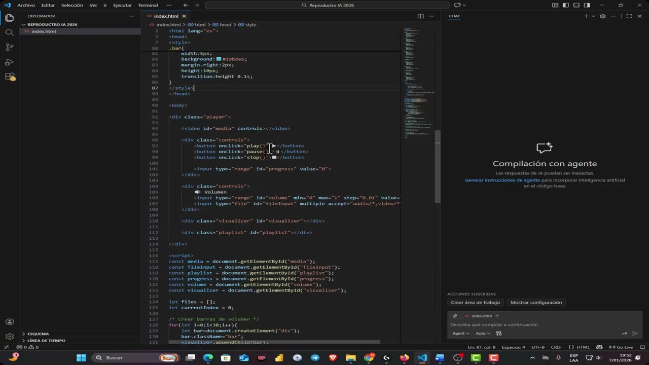 Inteligencia Artificial con HTML5 Visual Studio Code y ChatGPT  Ejercicio 2 Reproductor Sencillo