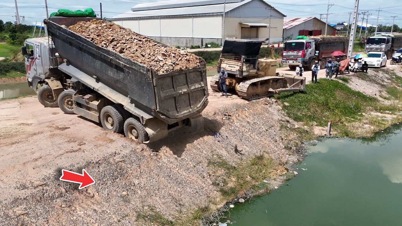 NICELY Activity!! Amazing Skill DUMP TRUCK & KOMATSU Bulldozer Push Soil fill flooded Region