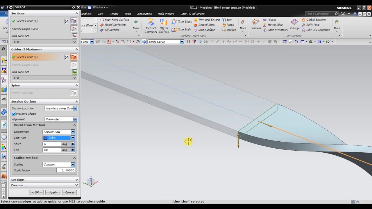 NX CAD : Create a twisted support rod using angle law