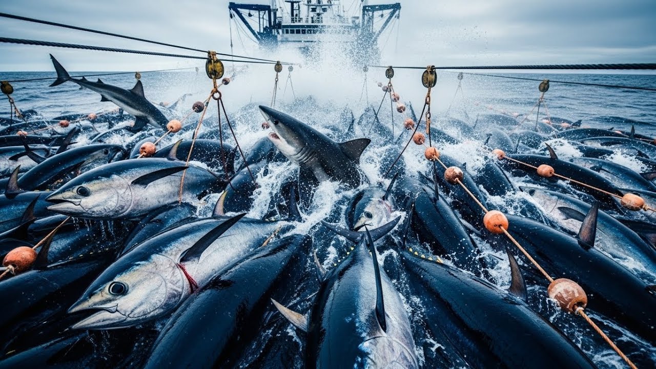 Massive Bluefin Tuna School on Longline &mdash; When Sharks Attack the Haul