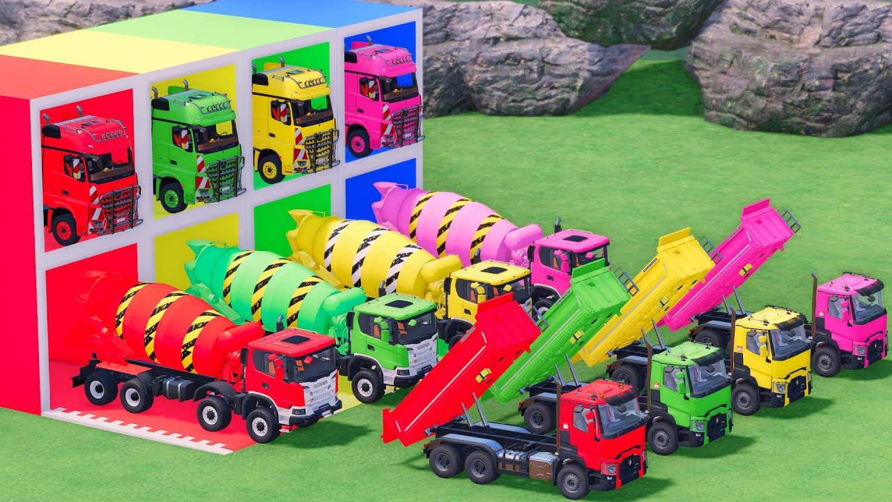Trucks With COLORS - SCANIA MIXER TRUCK and RENAULT DUMP TRUCK with FLATBED TRAILER TRUCK - FS22