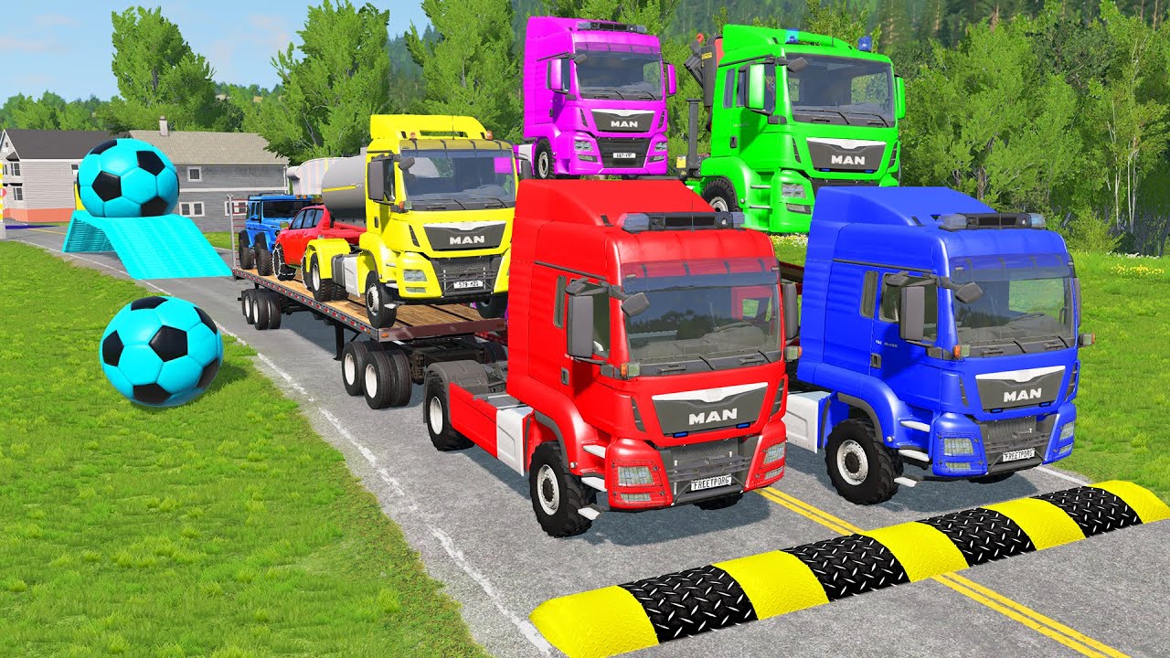 Triple Flatbed Trailer McQueen Transportation with Truck - Speedbumps vs Cars vs Train - BeamNG #54