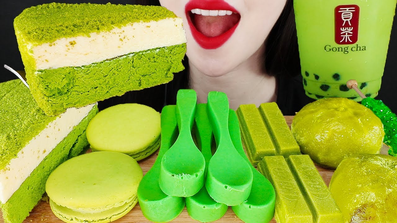 ASMR GREEN FOODS EDIBLE SPOON & MACARON & CHEESE CAKE & BUBBLE TEA & NANA EATING SOUND