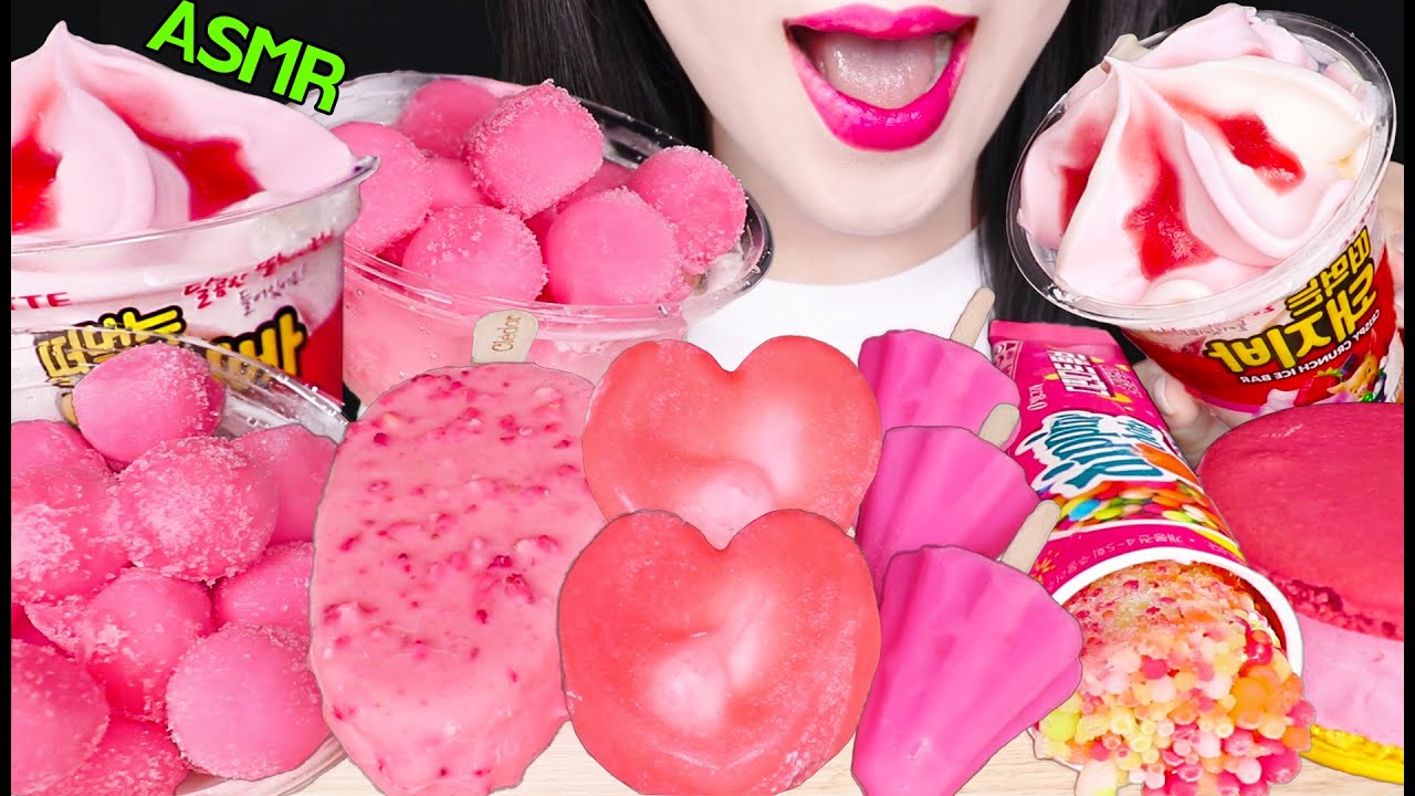 ASMR HEART ICE CREAM, PINK ICE CREAM, STRAWBERRY ICE CREAM 하트 아이스크림, 핑크 딸기 아이스크림 먹방 EATING SOUNDS