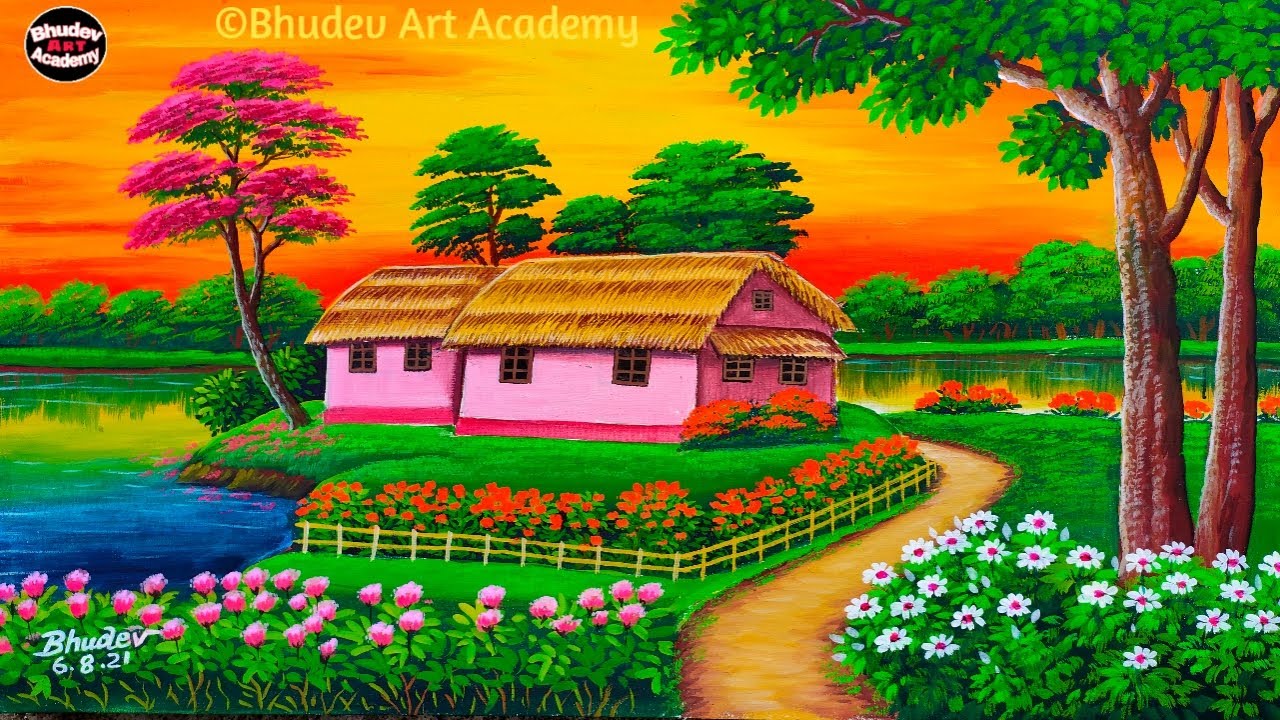 Beautiful Sunset Scenary Painting|Beautiful Indian Village Scenery Drawing With Earthcolour