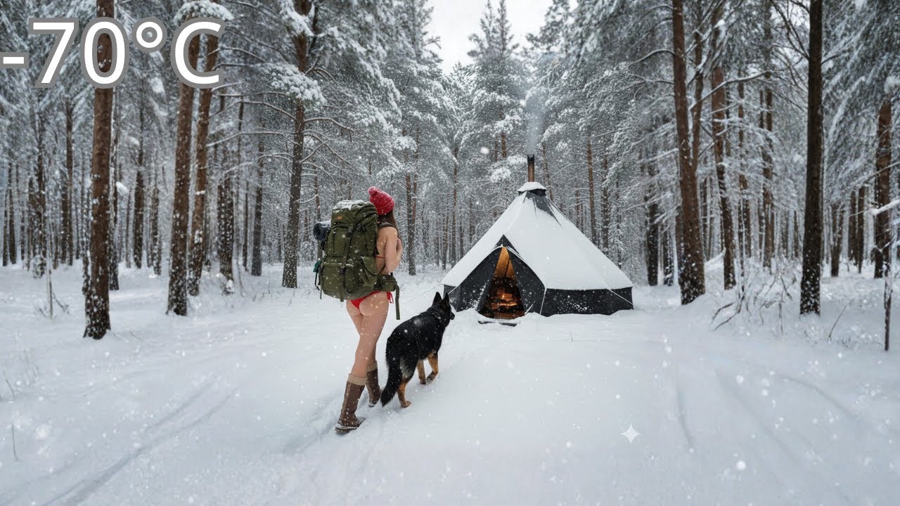 Girl Solo Camping ❄️ Heavy Snowstorm In A Hot Tent | Relaxing Camping