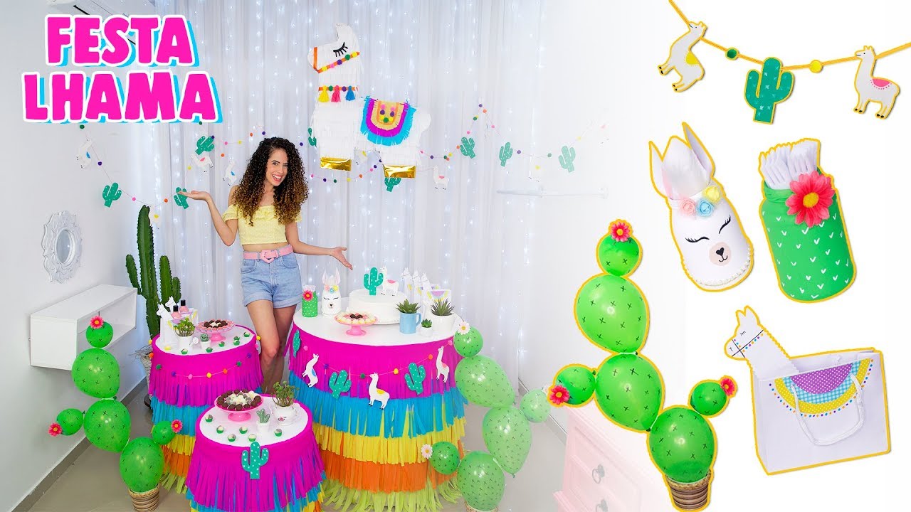 DIY MINHA FESTA DE ANIVERSÁRIO LHAMA & CACTUS | bolsa, pinhata, mesa cilindro e +