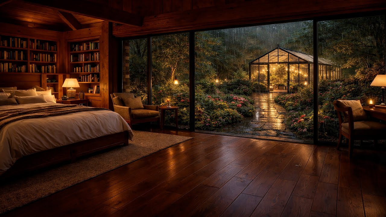 Cozy Rain & Thunder in a Luxury Bedroom | Greenhouse Garden View (4K) | Sleep • Study • Relax