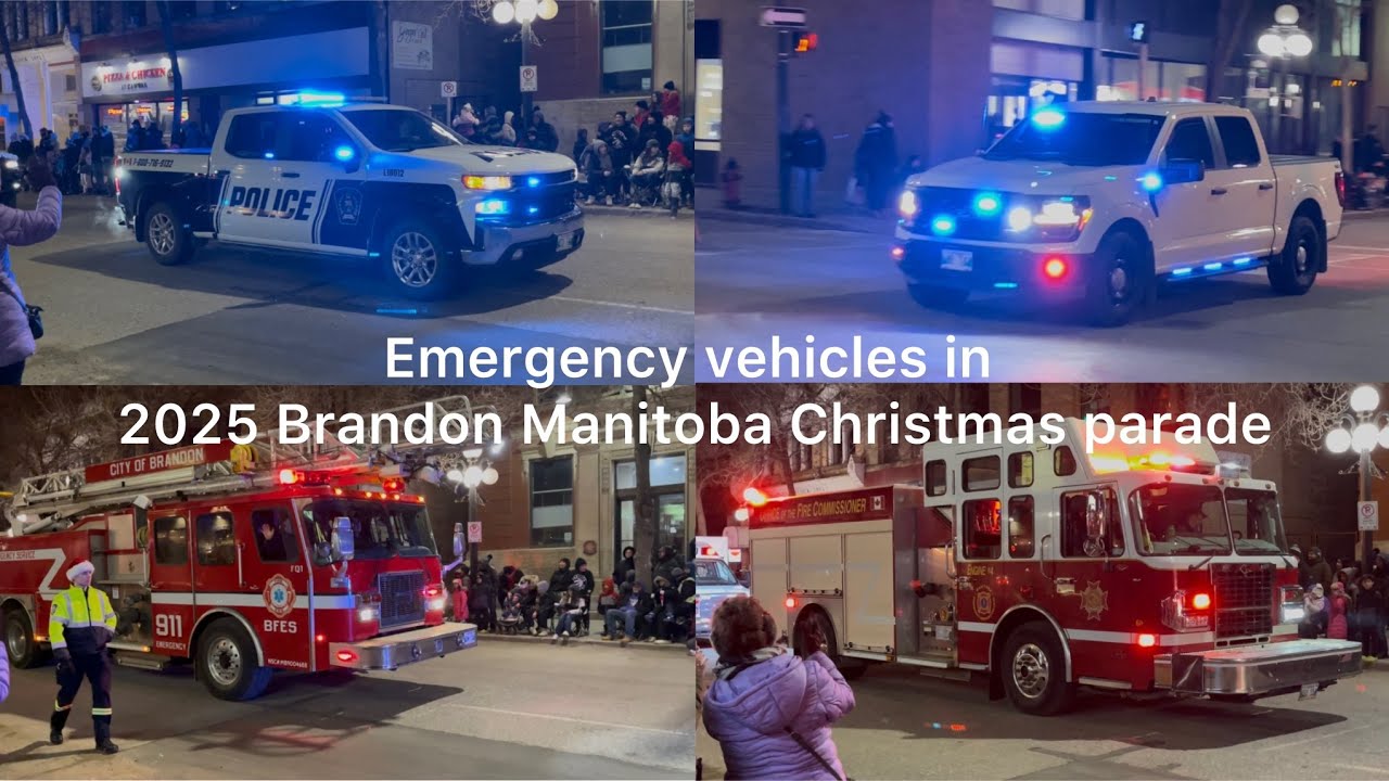 Over 10 emergency vehicles in the Brandon Manitoba 2025 Christmas parade ￼(lights and sirens)