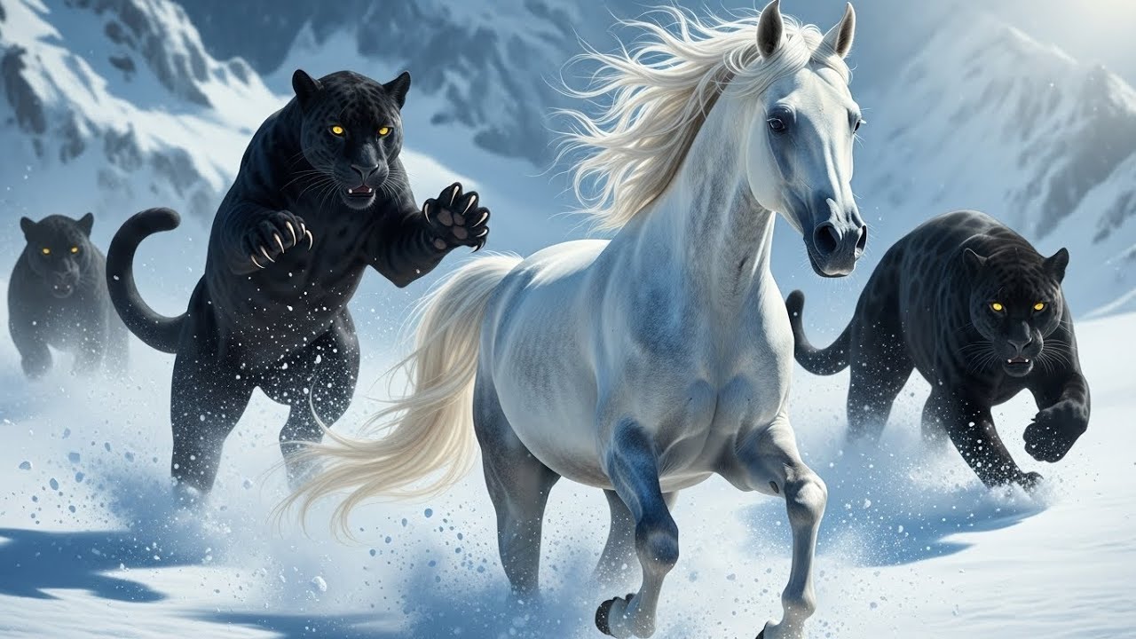 White Arabian Horse Chased by Jaguars in the Snowy Mountains (4K)