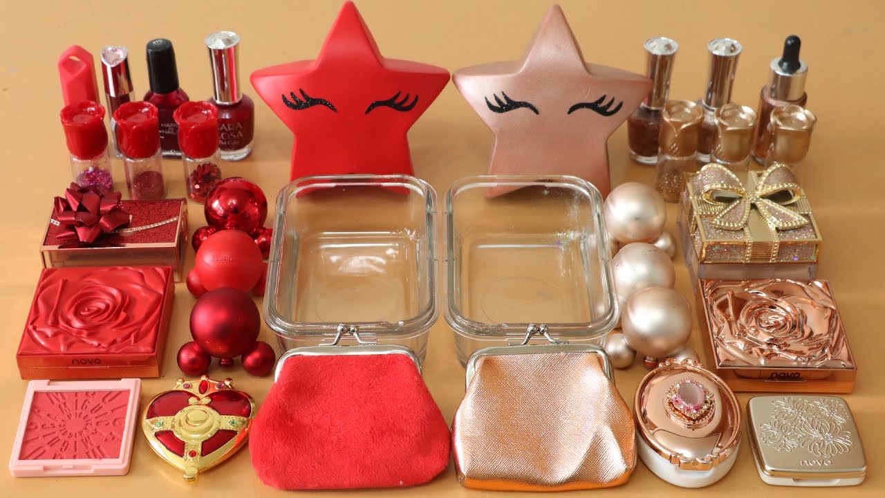 Mixing”Red VS Rose Gold” Eyeshadow and Makeup,parts,glitter Into Slime!Satisfying Slime Video!★ASMR★