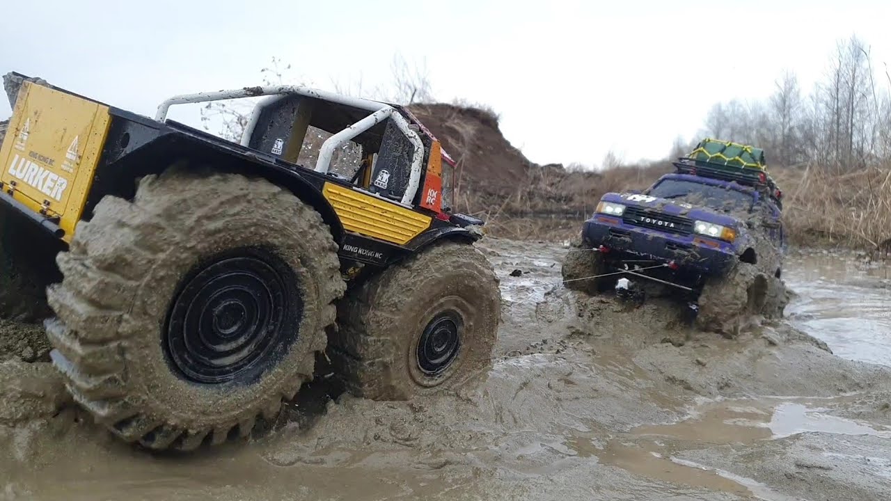 Off-road day. Mud driving on RC cars. Toyota LC80, King Kong Lurker, YK6101 Defender