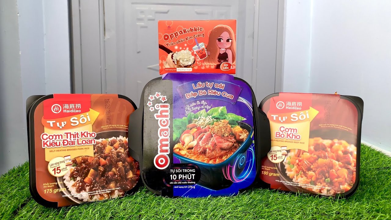 Unboxing Omachi Lẩu tự sôi bắp bò riêu cua