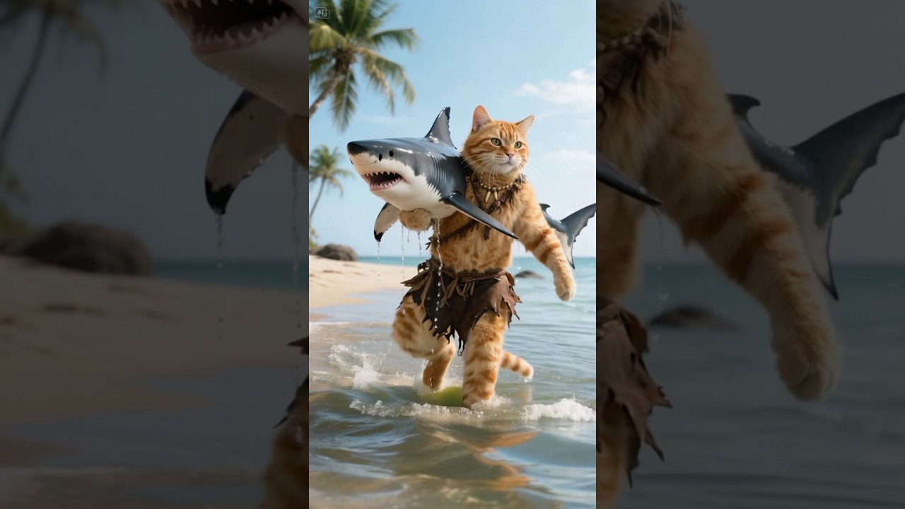 Stranded! Orange Cat Grills a Shark After White Cat Pushes Him Overboard #Meowlicious #Cookingcat