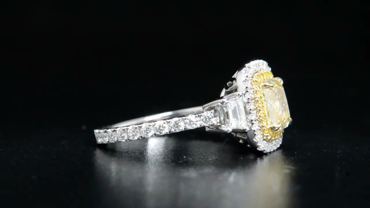 Natural Radiant Cut Fancy Yellow Double Halo Trapezoids Diamond Engagement Ring - GIA Certified