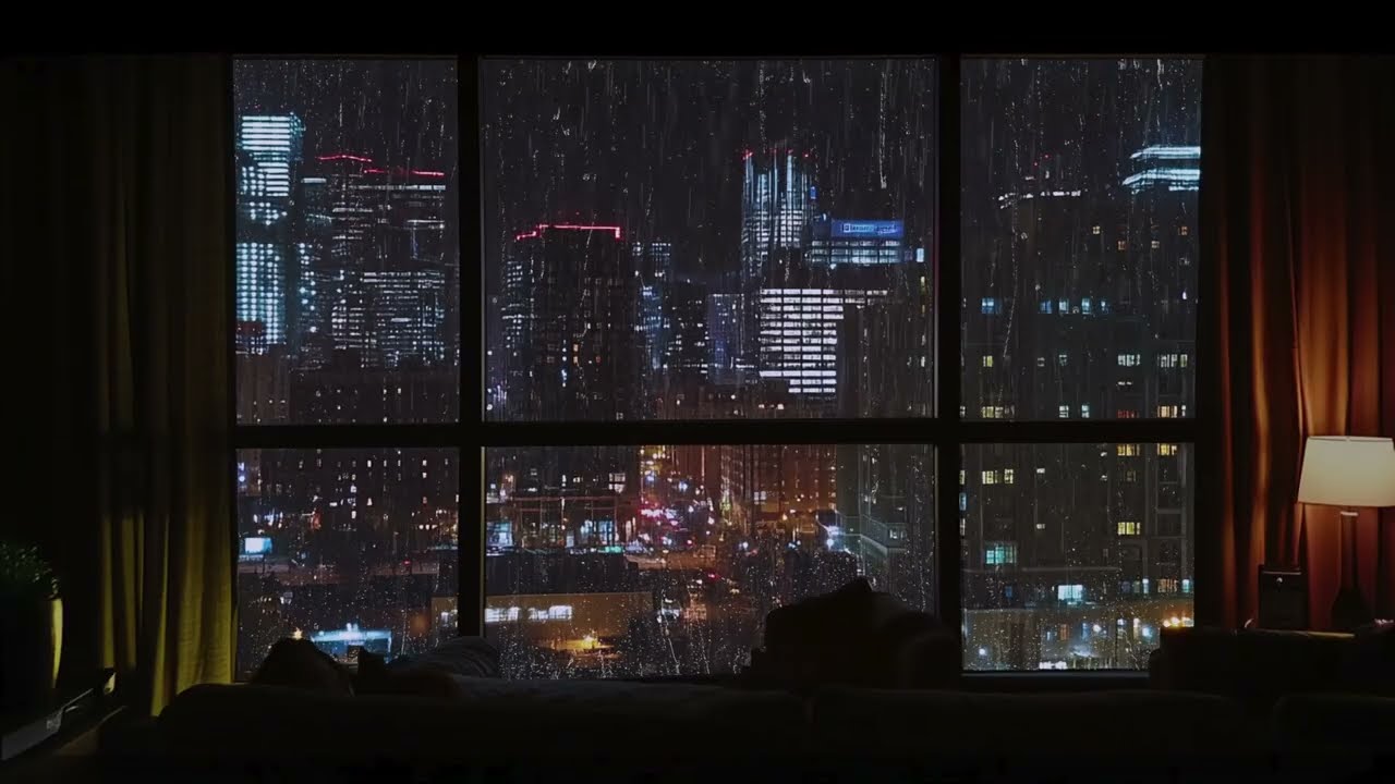 Cozy Luxury Living Room with City Night View | Rain on Window Sounds | Deep Sleep 4K