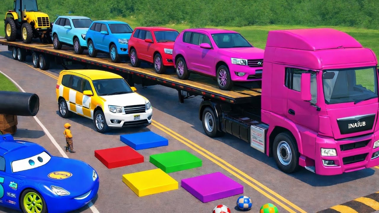 Flatbed Truck Mcqueen | Transportation with Truck - Pothole vs Truck vs Car vs Train #10 BeamNG