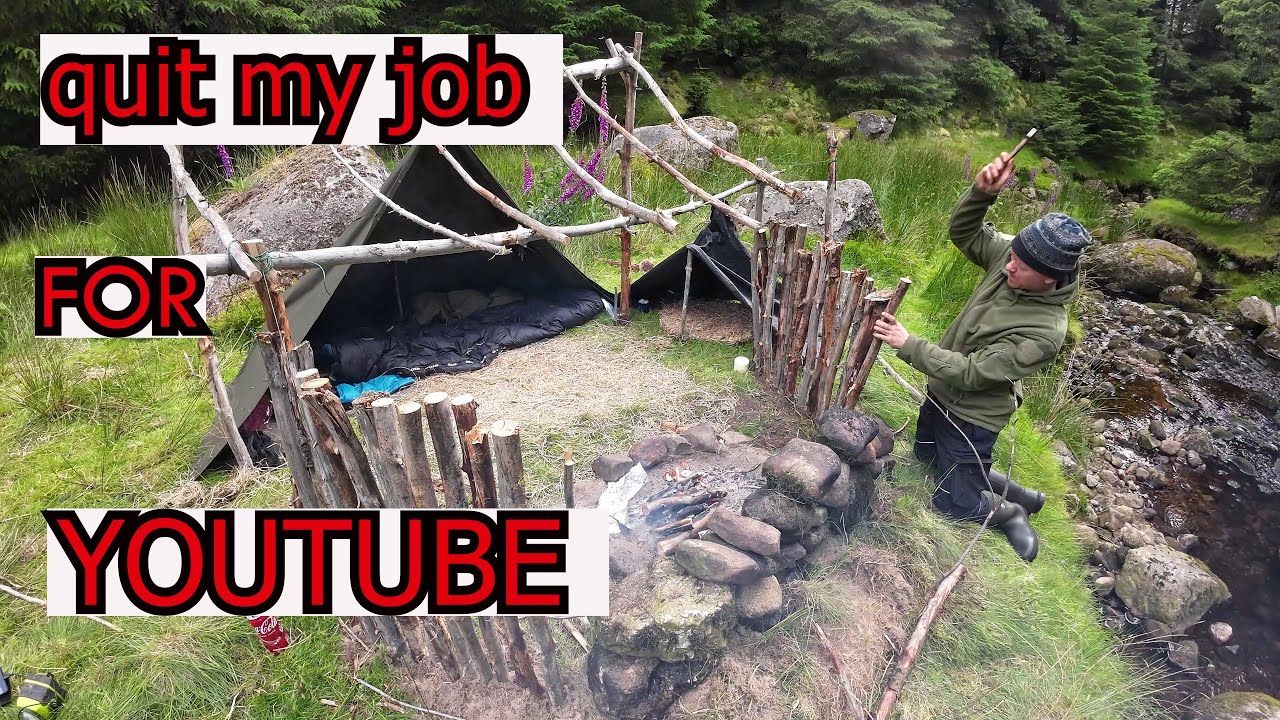 Bushcraft lavu camp in Ireland beside river with my dog