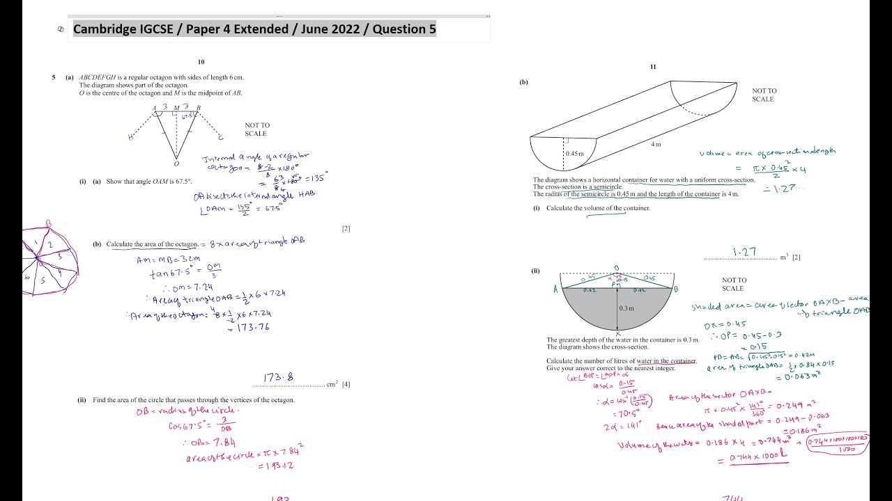 Cambridge IGCSE / Paper 4 Extended / June 2022 / Question 5 / Area / Volume