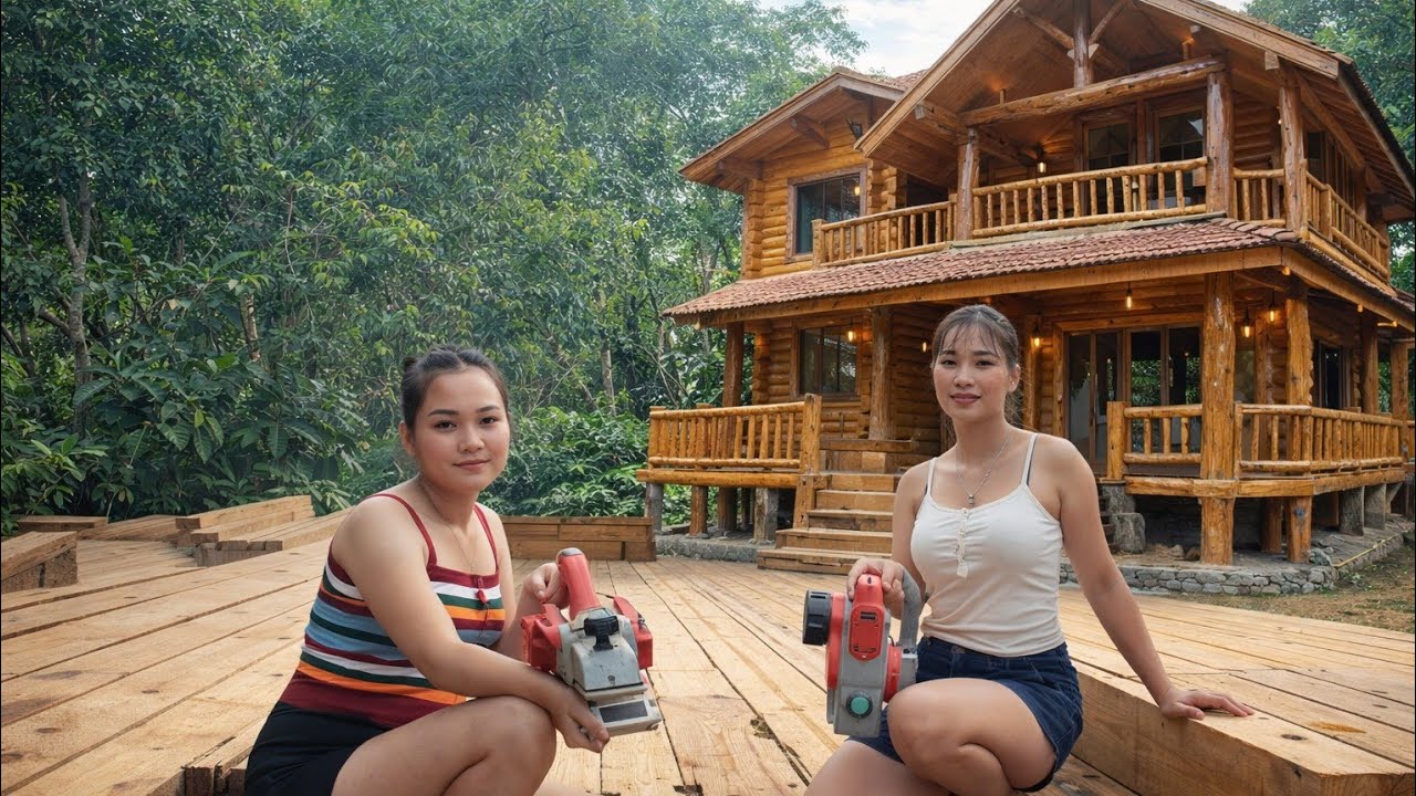 Two Girls Spend 90 Days Building a Beautiful Wooden House Amidst Nature