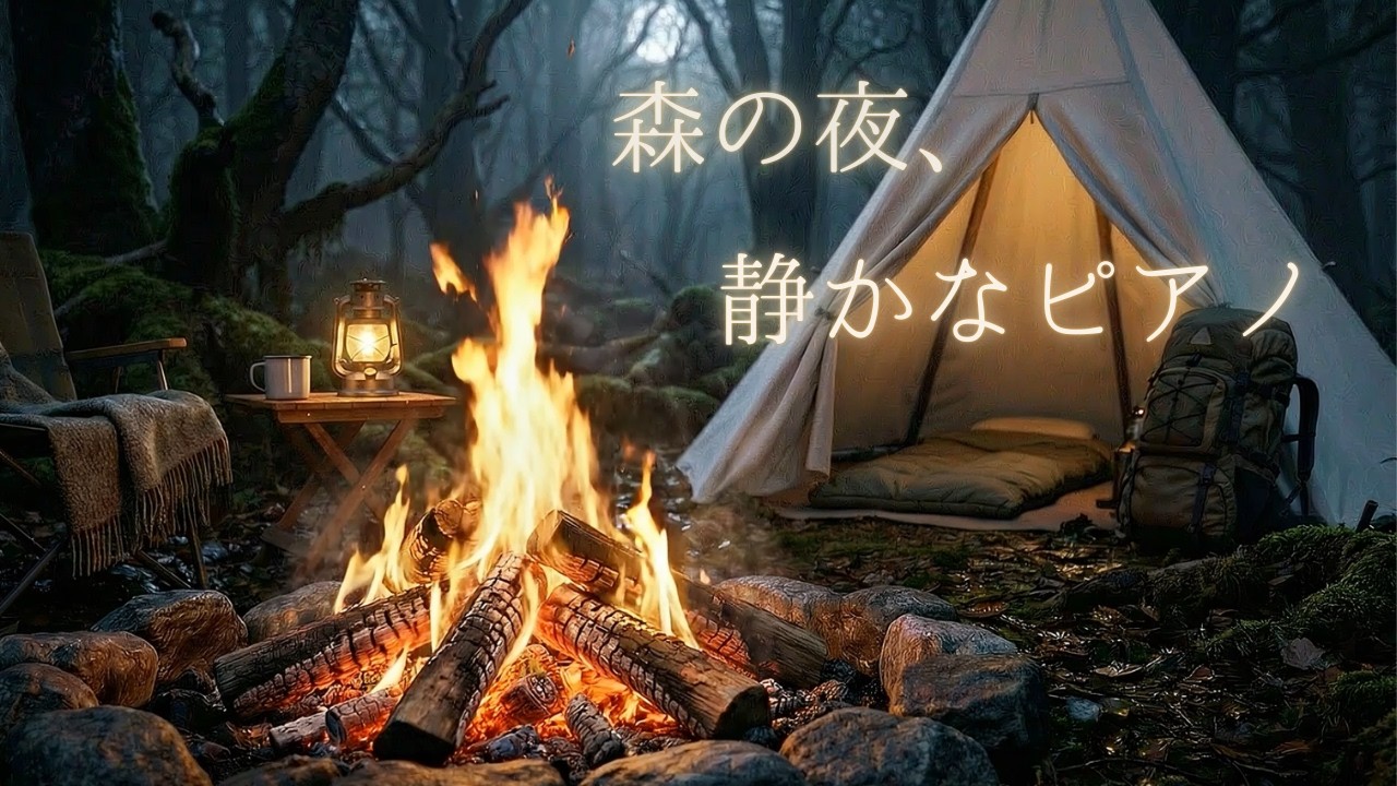 森の夜の焚き火と静かなピアノ｜作業・読書・睡眠用BGM【2時間】