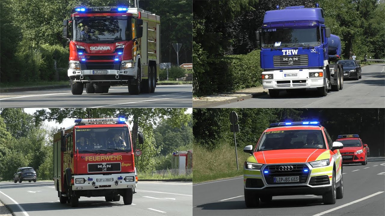 [500 Einsatzkräfte bei Waldbrand am Velmerstot] Einsatzfahrten von Feuerwehr und THW zur Großübung