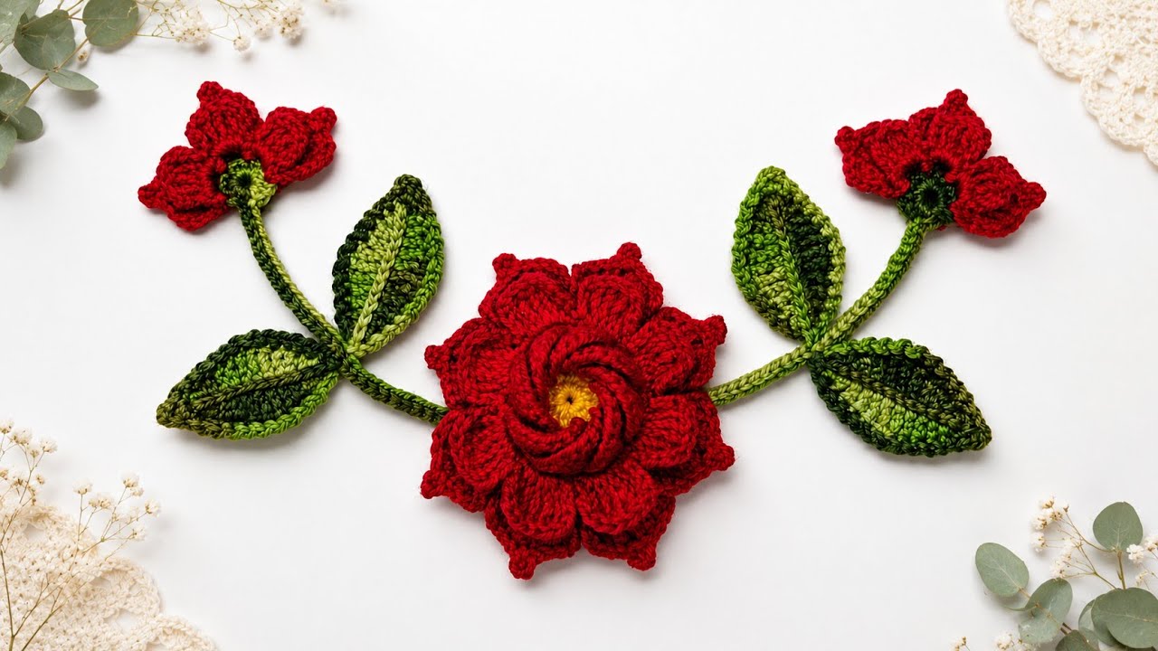 Flor, folhas e botões de crochê passo a passo