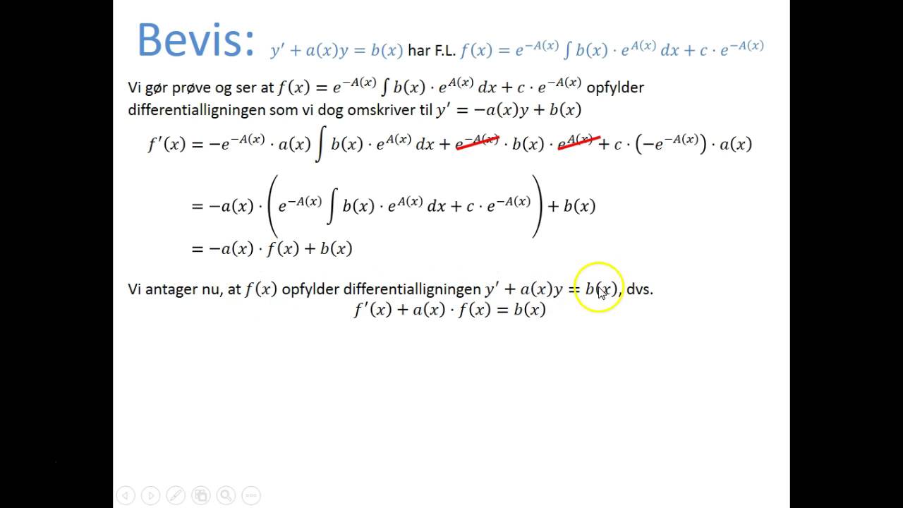 Differentialligninger - Bevis: Type y' + a(x)y = b(x)