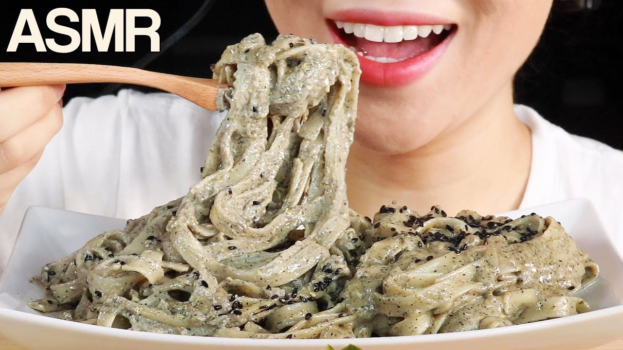 ASMR Black Sesame Fettuccine Creamy Pasta (Cooking) Eating Sounds Mukbang