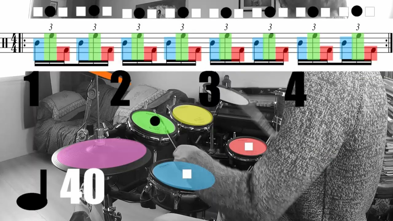 Exercice batterie tempo 40 Triolets de double croches caisse claire Tom alto Tom basse cours