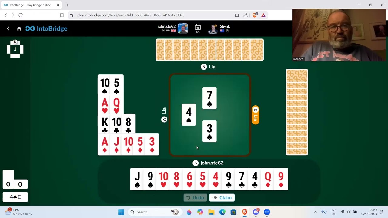 Me versus top bridge player Peter Hollands - 1st September 2025