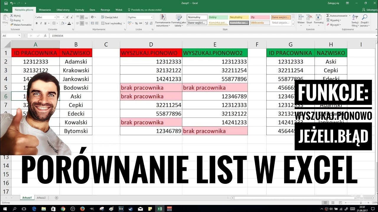 Jak zrobić porównanie list w excelu? Funkcja WYSZUKAJ.PIONOWO i JEŻELI.BŁĄD | ForumWiedzy