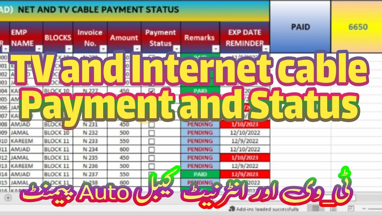 Tv and internet net cable Automatic payment |Shops and office auto Bill status in excel sheet