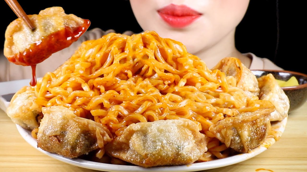 ASMR Buldak Fire Noodles and Fried Dumplings with Fire Sauce | Eating Sounds Mukbang