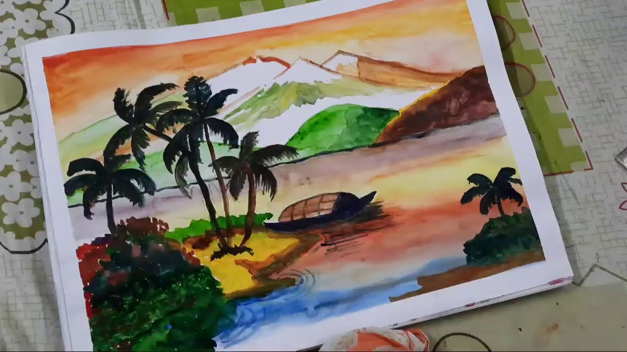 Watercolour Painting of mountain and river landscape..