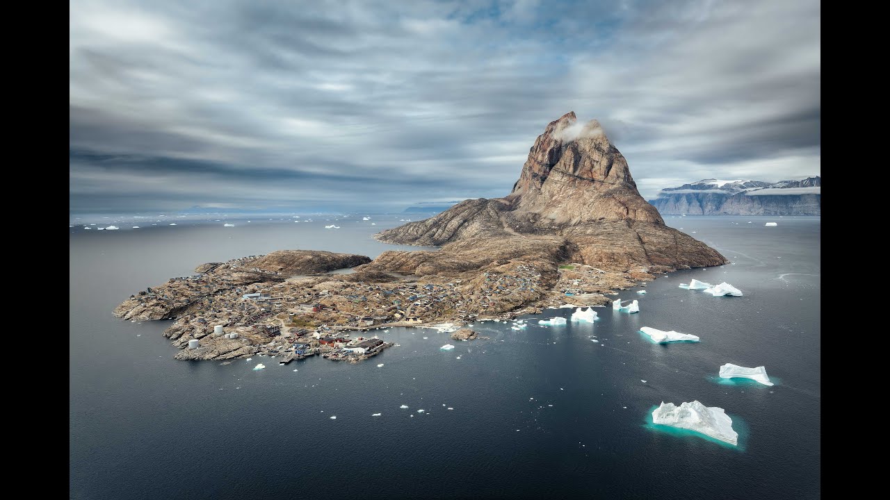 Epic flight to Uummannaq, Greenland, scenic video, 4K.