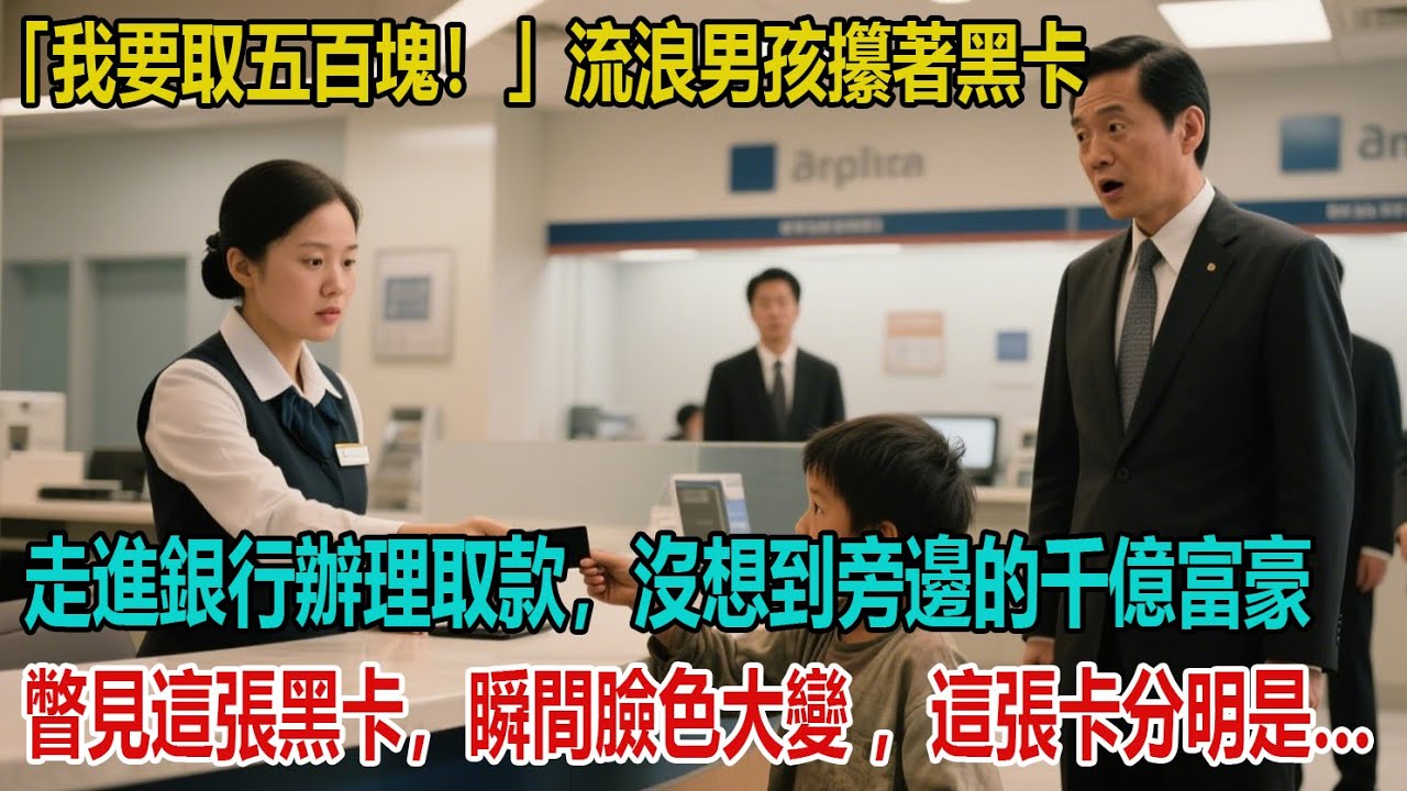 「我要取五百塊！」流浪男孩攥著黑卡走進銀行辦理取款。沒想到旁邊的千億富豪瞥見這張黑卡，瞬間臉色大變 ，這張卡分明是…#故事
