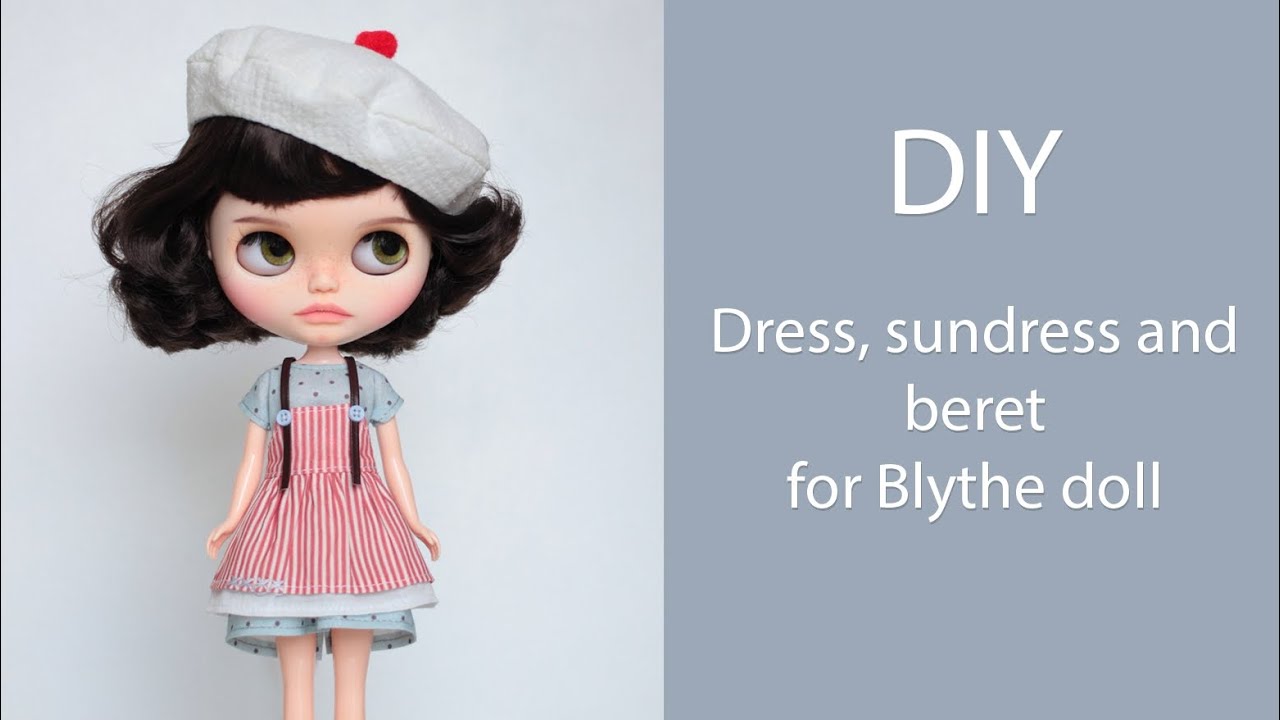 DIY 1 Piece Dress Pinafore Beret for Blythe. Платье с цельнокроеным рукавом сарафан берет для Блайз
