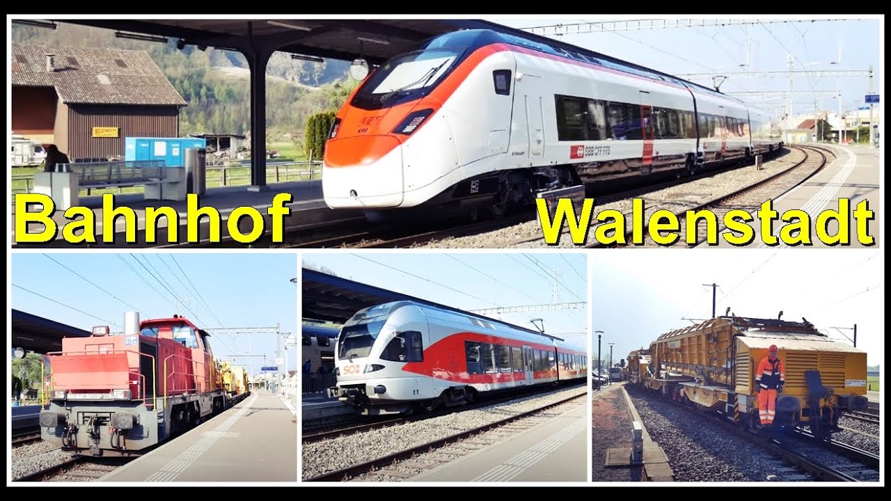 Bus und Zug beim Bahnhof Walenstadt, Kanton St. Gallen, Schweiz 2021