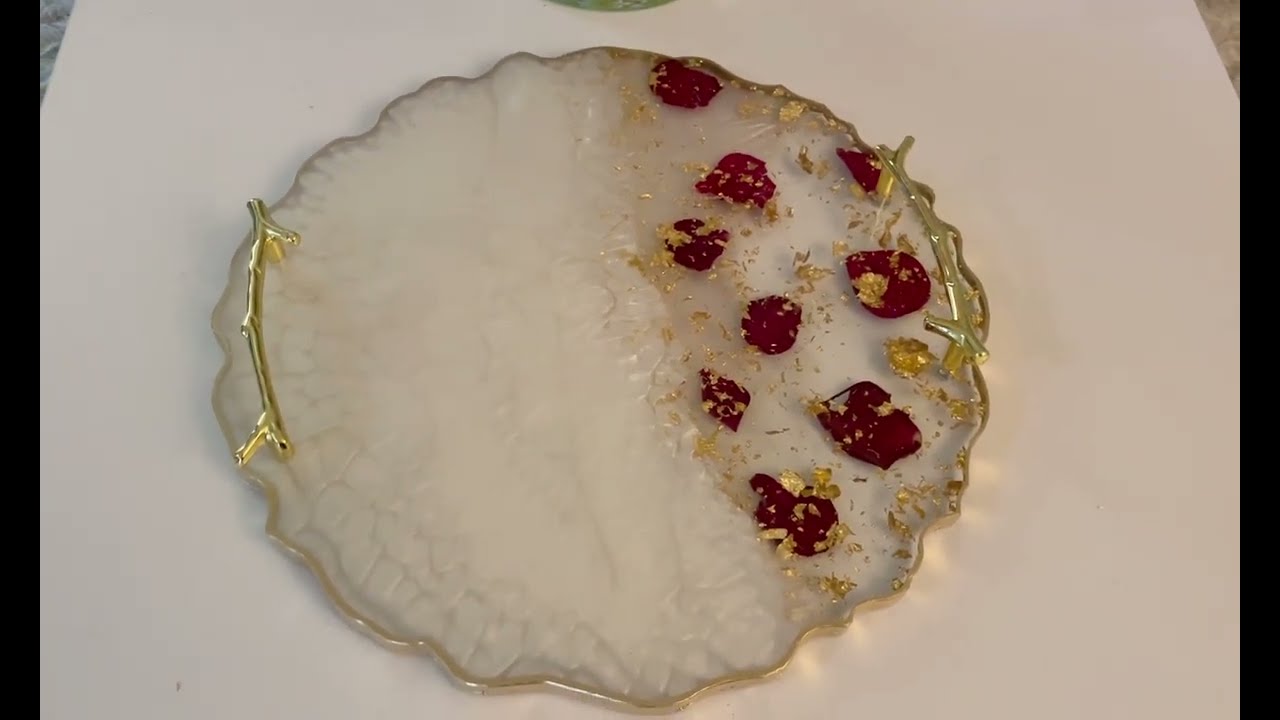 Pearl white resin tray with golden flakes and natural rose petals! Tutorial video about resin tray!