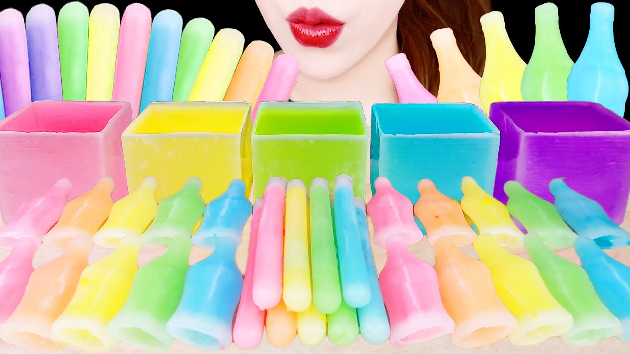 ASMR *FROZEN WAX CANDY* RAINBOW FOOD, WAX CUPS, WAX BOTTLES, WAX STICK EATING SOUNDS MUKBANG 먹방 咀嚼音