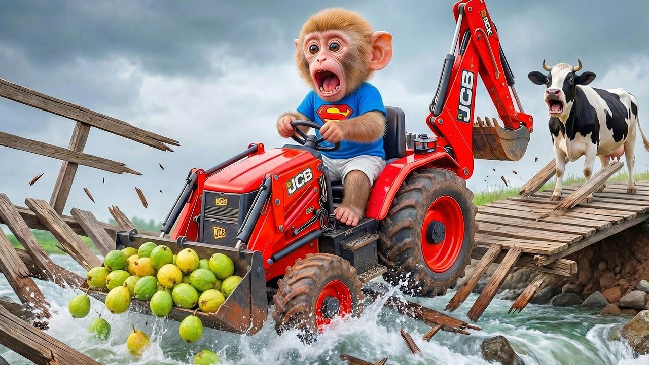 🐒🚜 Monkey MiLo Uses a JCB to Harvest Guava & Rebuild the Broken Bridge After the Storm! 🌧️🌉💪