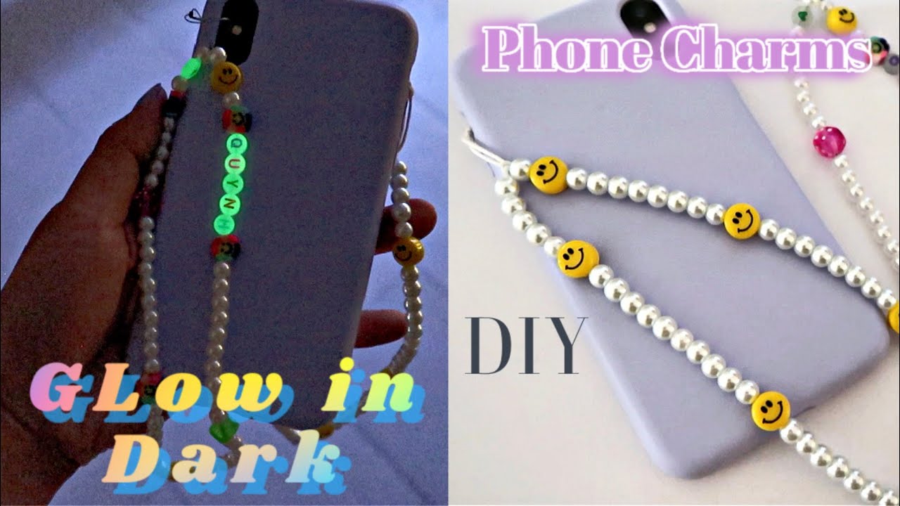 How to Make Phone Charm Pearl w/  Yellow Smiley Face Charm | GLOW in  the DARK Phone Lanyard | Y2K
