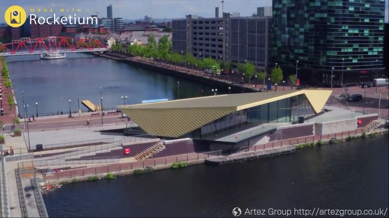 The Alchemist, Media City drone footage. Installation of Gold Zinc roofing and cladding by Longworth