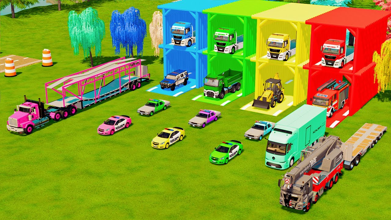TRANSPOTING POLICE AND EMERGENCY VEHICLES, DUMP TRUCK, BACKHOE LOADER TO GARAGE - FS22