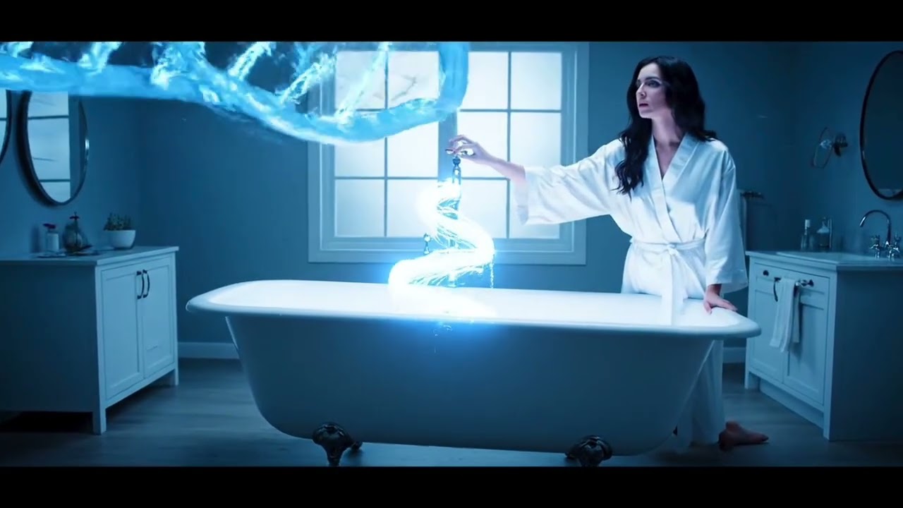 Impossible glowing bath, liquid magic flowing.