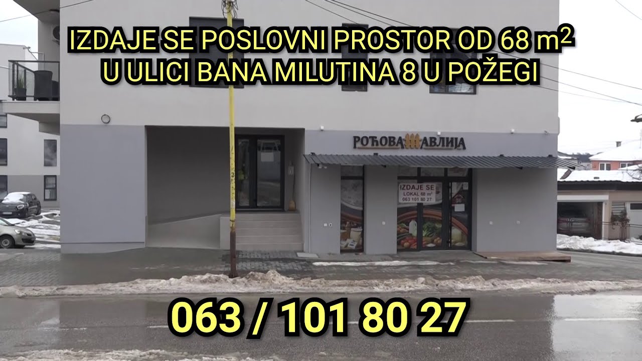Izdaje se poslovni prostor od 68 kvm u ulici Bana Milutina 8 u Požegi. Informacije na: 063 101 80 27