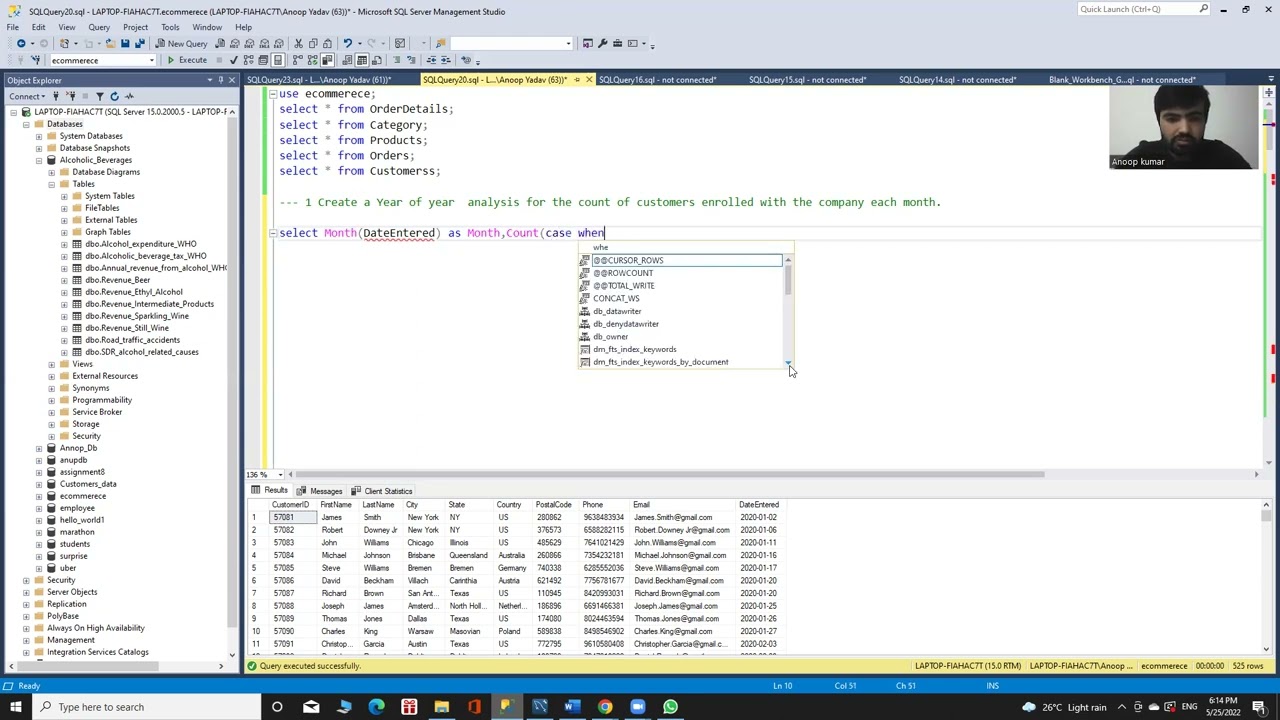 count of customers enrolled with the company each month in SQL